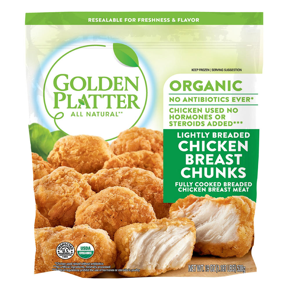 Golden Platter Organic Fully Cooked Frozen Lightly Breaded Chicken Chunks, 19 oz