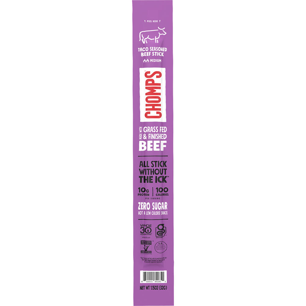 Chomps 10g Protein Taco Seasoned Beef Jerky Meat Stick, 1.15 oz