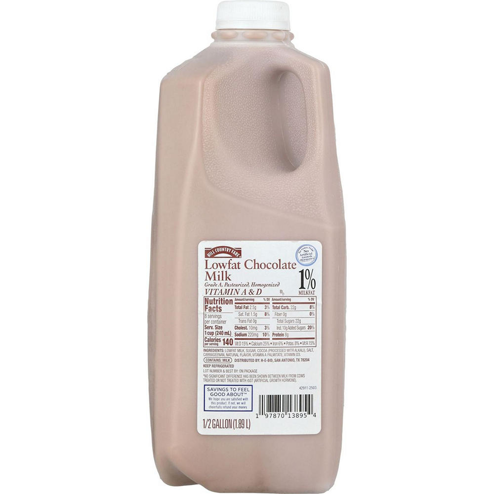 Hill Country Fare 1% Low Fat Chocolate Milk, 1/2 gal