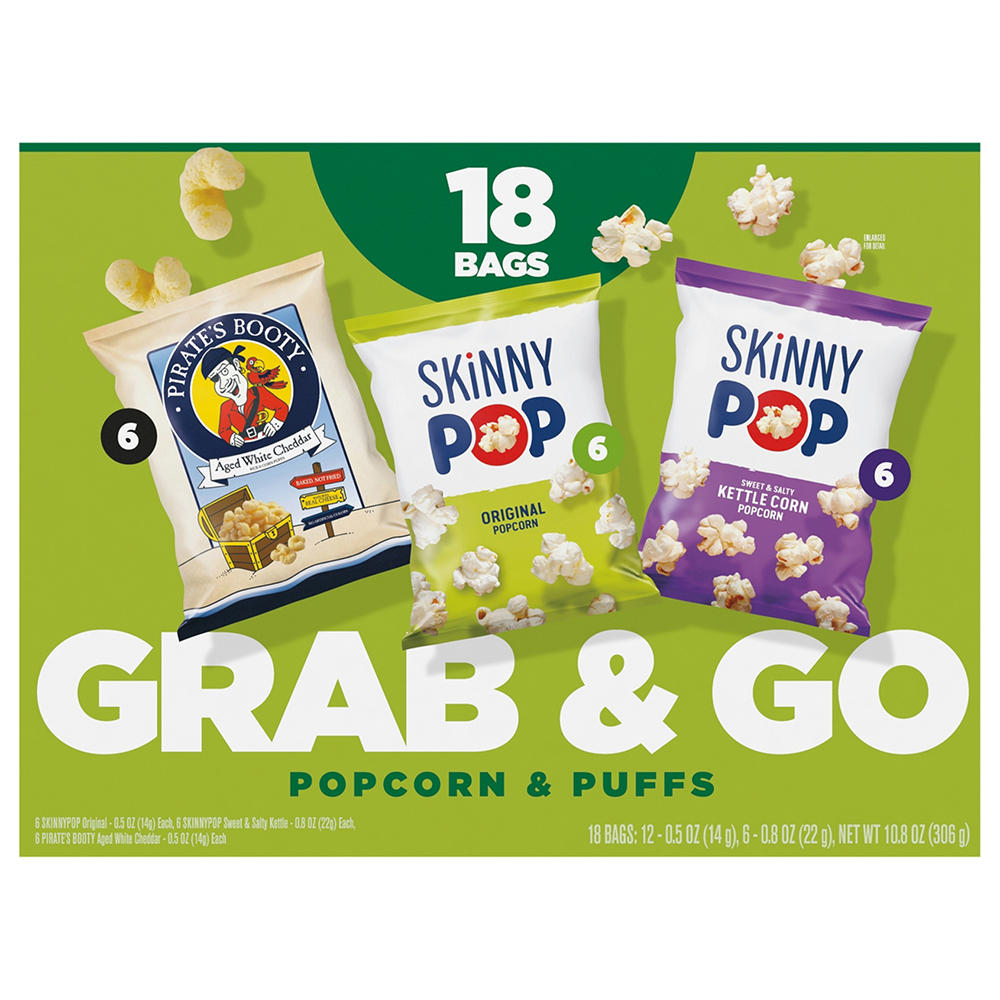 SKINNYPOP & Pirate's Booty Grab & Go Popcorn & Puffs Multipack Bags, 18 ct