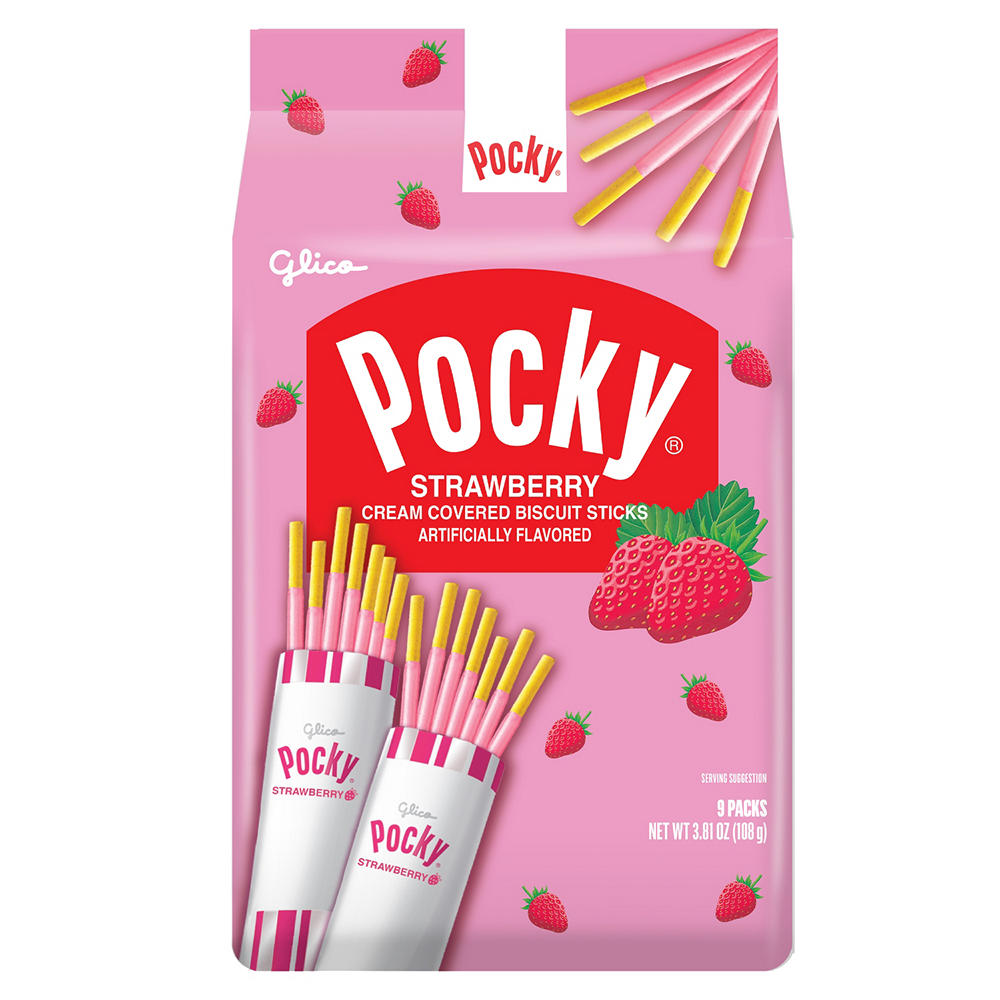 Glico Pocky Strawberry Cream Biscuit Sticks Snack Packs, 9 ct