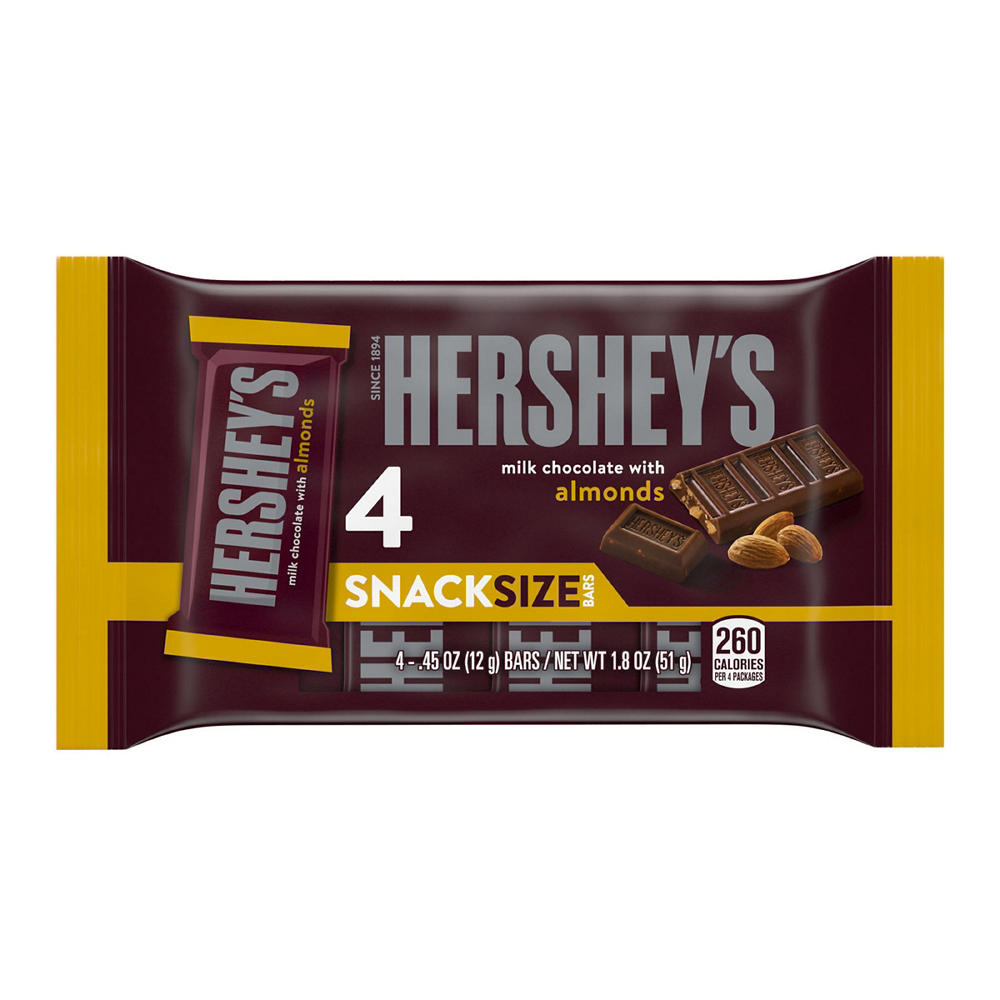 Hershey's Milk Chocolate With Almonds Snack Size, Candy Bars (4 Ct), .45 oz