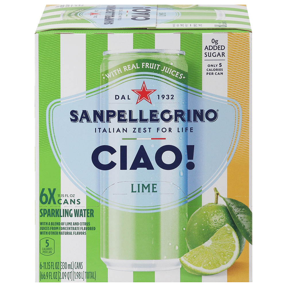 San Pellegrino Ciao Lime Sparkling Water 6 pk Cans, 11.15 oz
