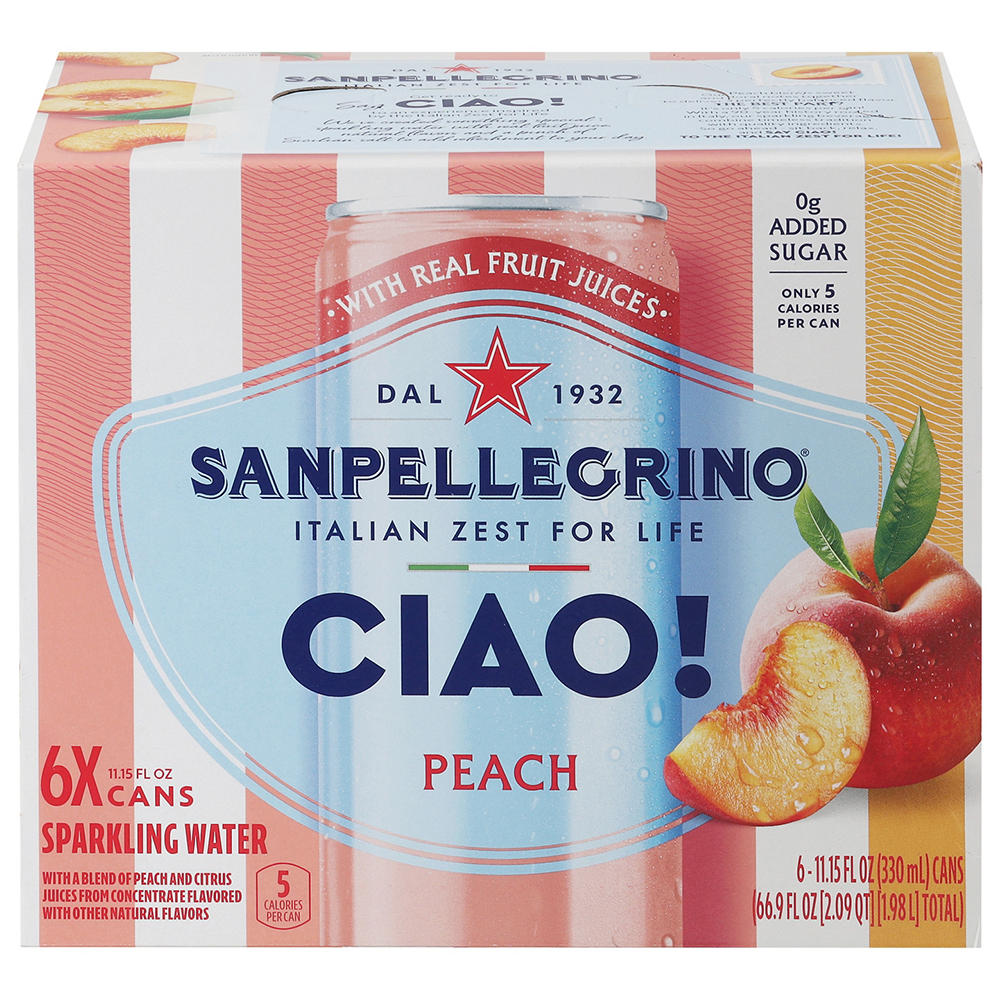 San Pellegrino Ciao Peach Sparkling Water 6 pk Cans, 11.15 oz