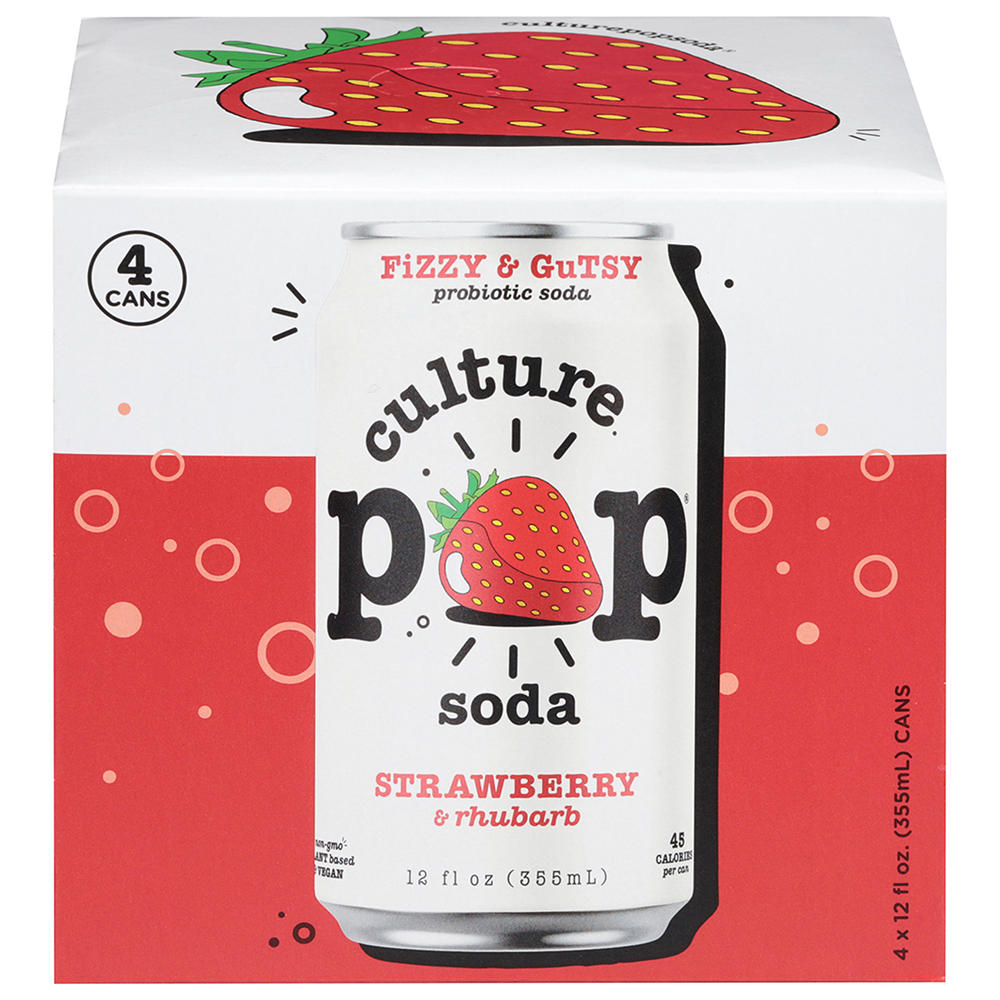 Culture Pop Probiotic Soda 4 pk Cans - Strawberry Rhubarb, 12 oz