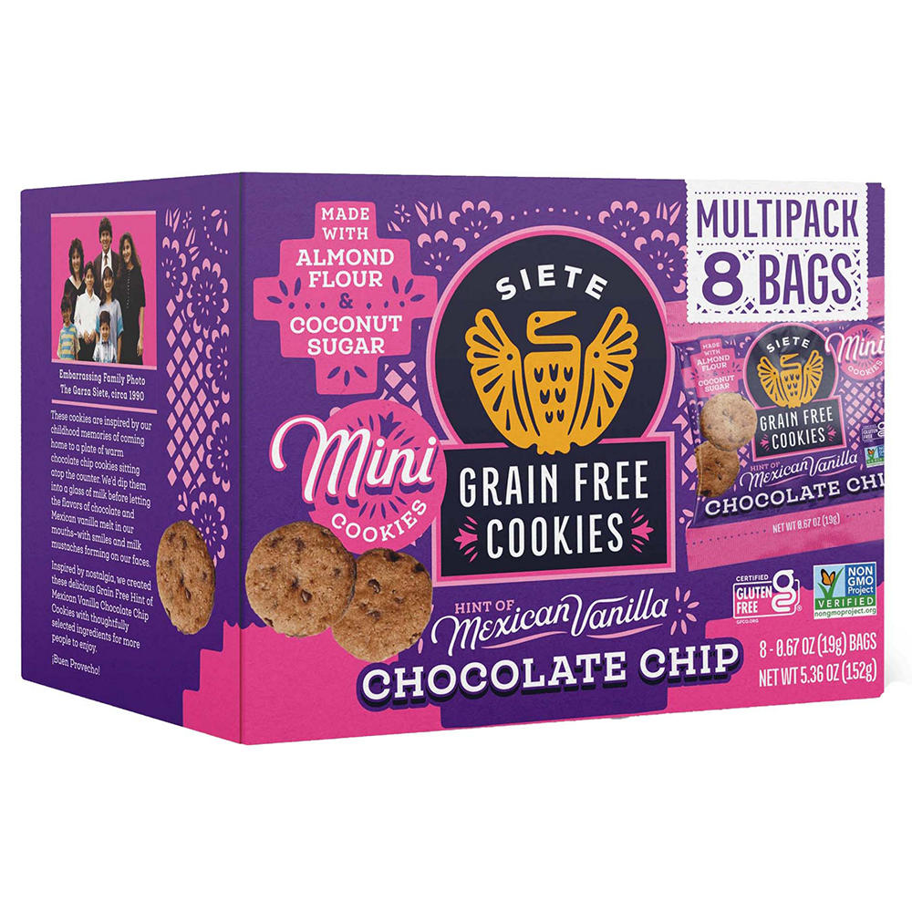 Siete Grain Free Cookies Mini Mexican Vanilla Chocolate Chip Multipack 0.67 oz Bags, 8 ct