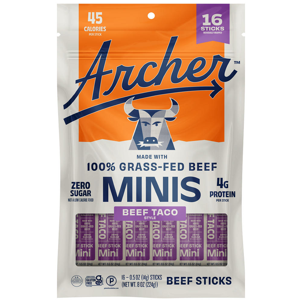 Archer Zero Sugar 4g Protein Grass-Fed Beef Mini Sticks - Beef Taco, 16 ct