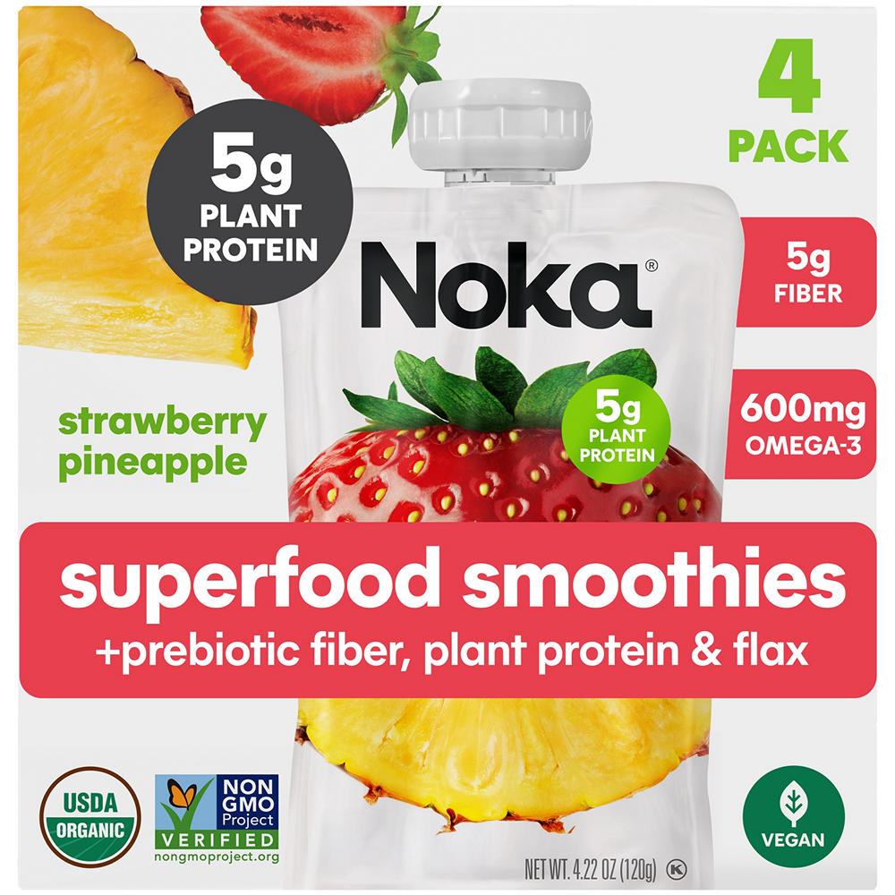 Noka Superfood Smoothies + Prebiotic Fiber & Flax Pouches - Strawberry Pineapple, 4 ct