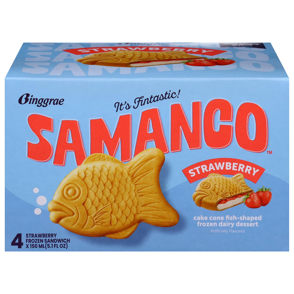 Binggrae Samanco Strawberry Frozen Dairy Dessert Sandwich, 4 ct