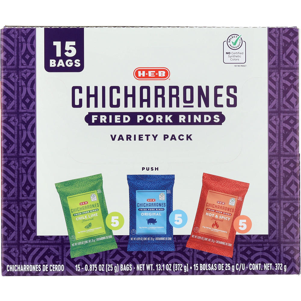 H-E-B Chicharrones Fried Pork Rinds - Variety Pack, 15 ct
