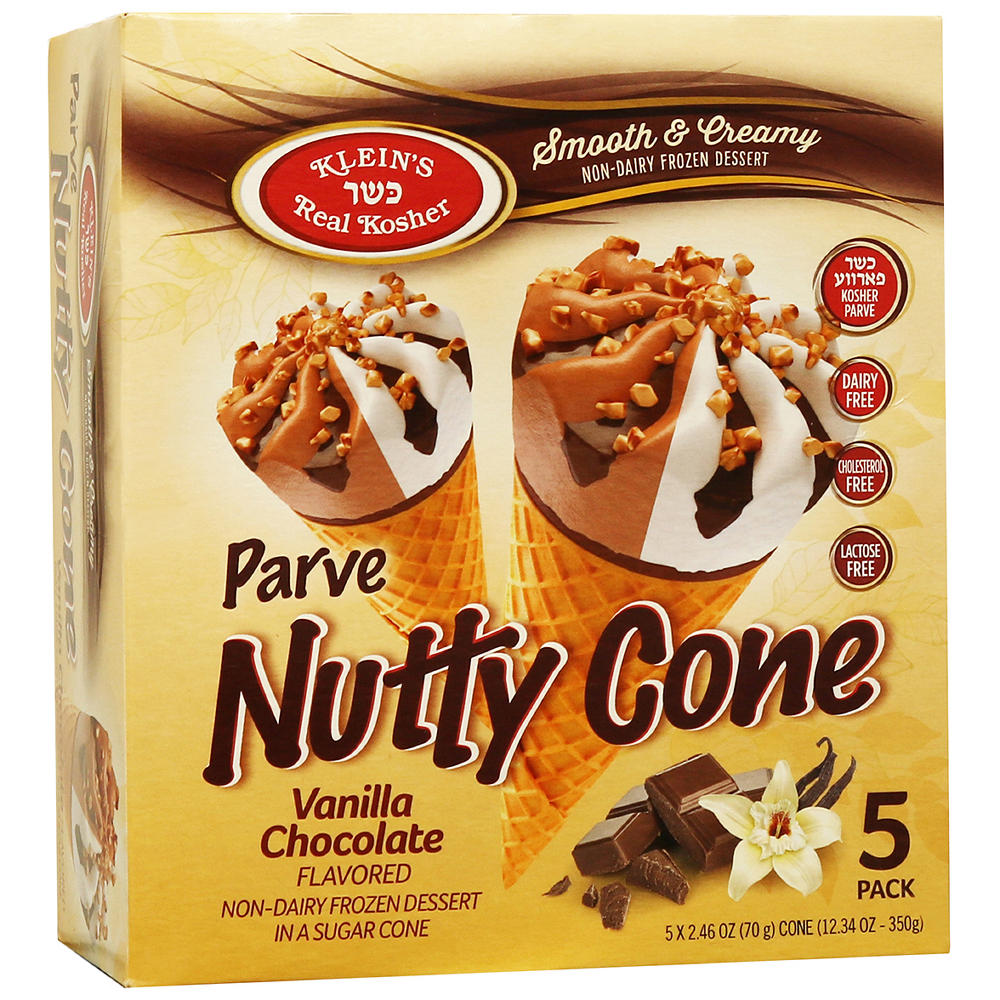 Klein's Kosher Parve Nutty Vanilla Chocolate Non Dairy Frozen Dessert Cones, 5 ct