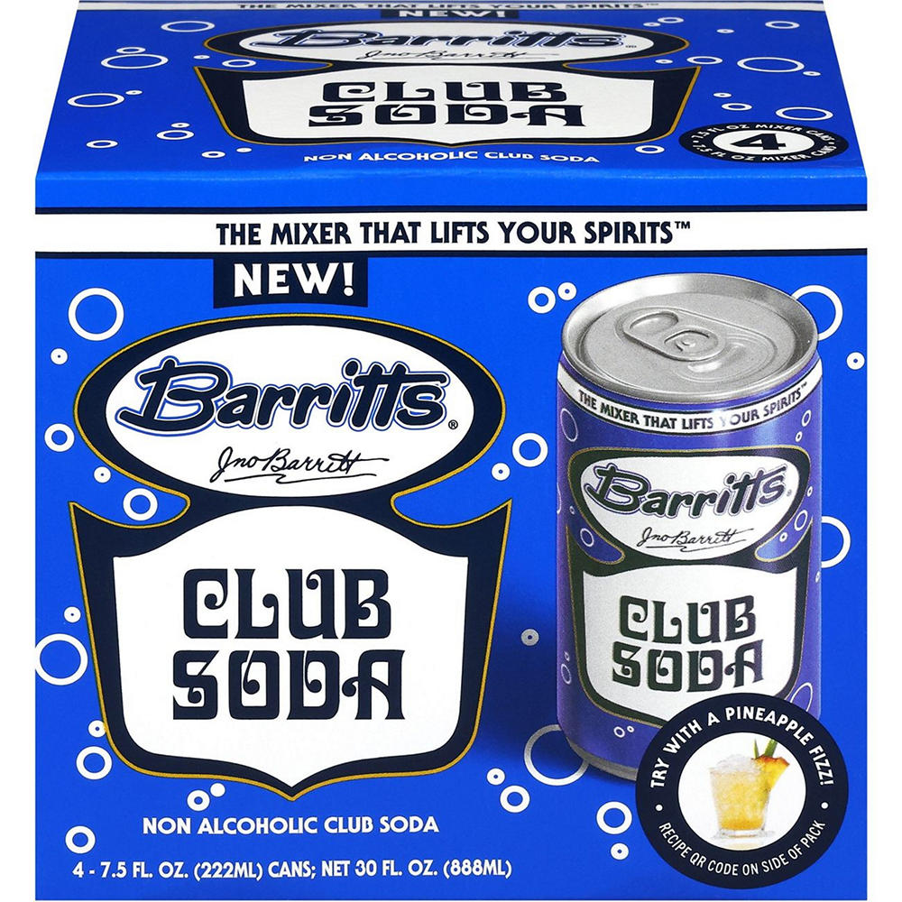 Barritts Club Soda 4 pk Cans, 7.5 oz