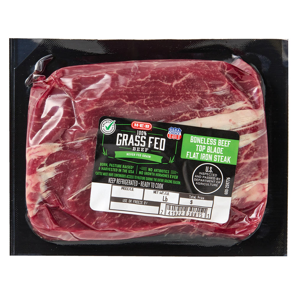 H-E-B Grass Fed Beef Boneless Flat Iron Steak - USDA Choice, Avg. 0.5 lb