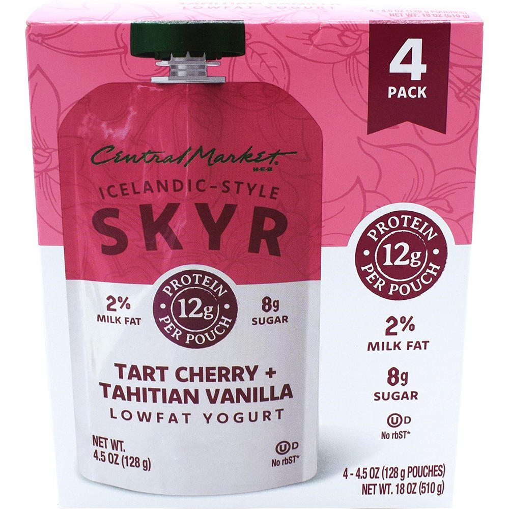 Central Market 12g Protein Skyr Lowfat Yogurt Pouch - Tart Cherry & Tahitian Vanilla, 4 ct