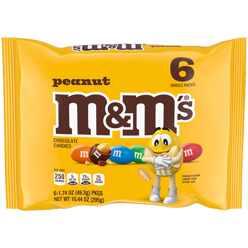 M&M'S Peanut Chocolate Candy Single Packs, 6 pk