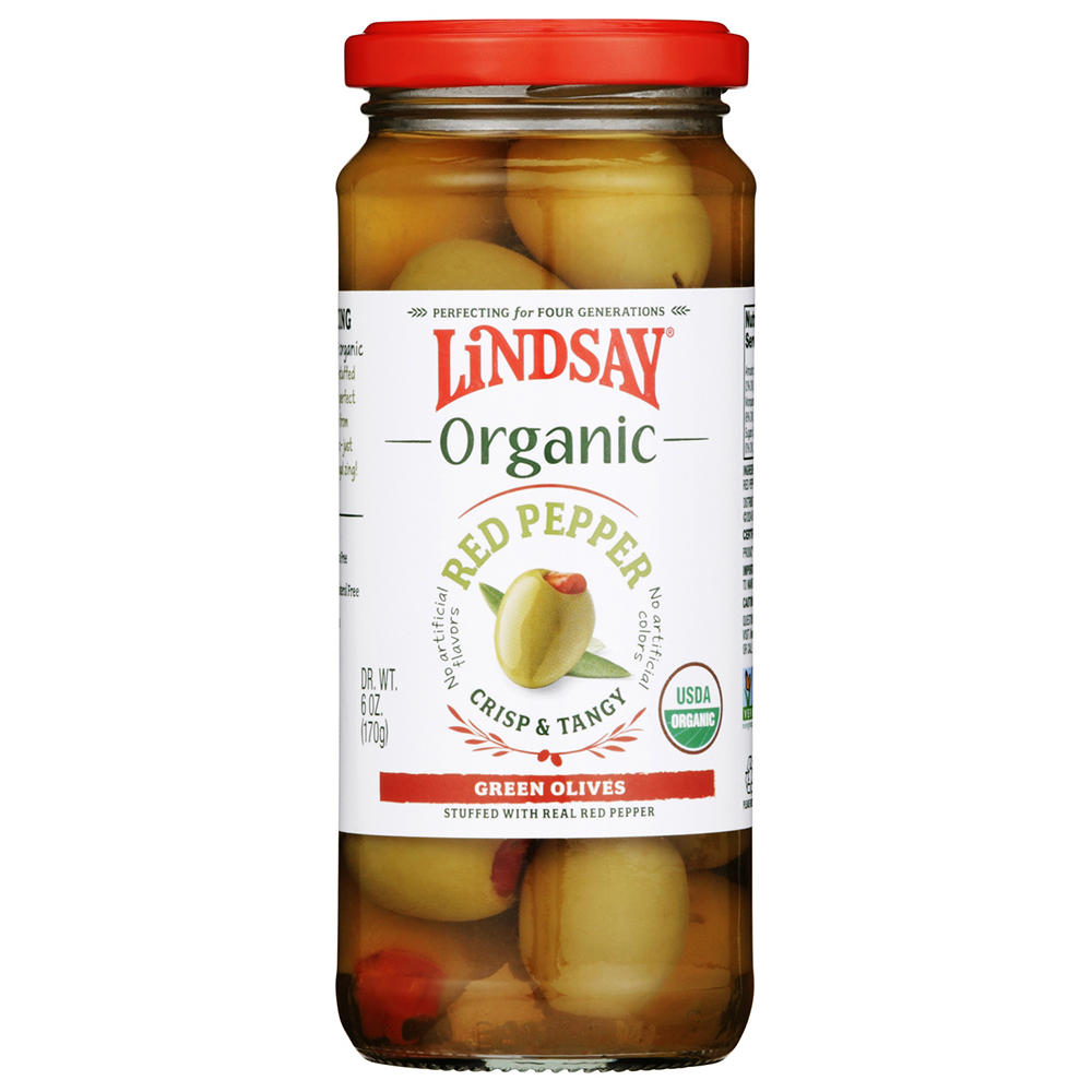 Lindsay Organic Green Olives Stuffed with Red Pepper, 6 oz