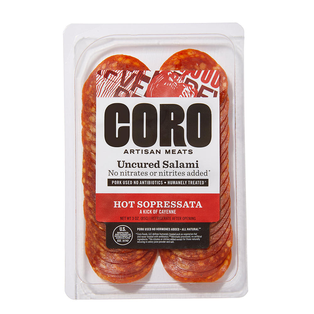 Coro Uncured Sliced Hot Sopressata Salami, 3 oz