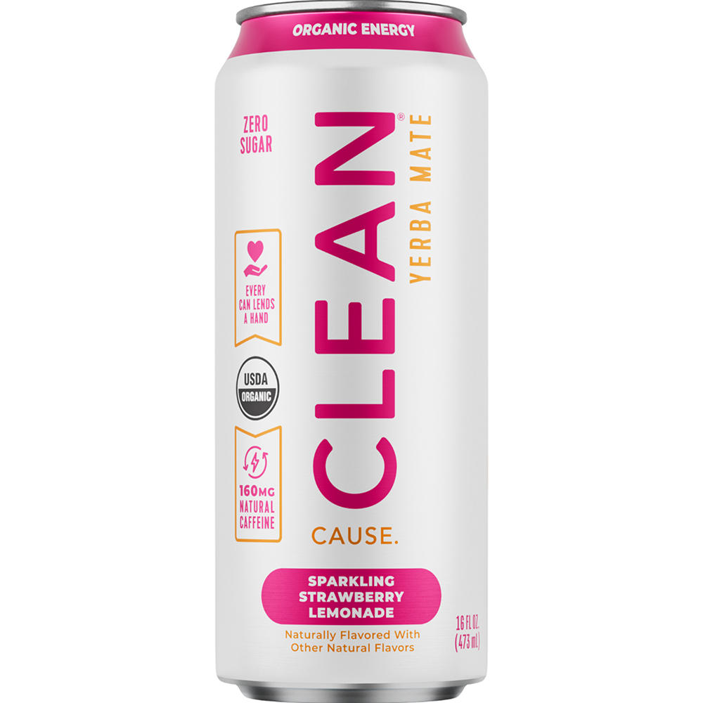 CLEAN Cause Zero Calorie Strawberry Lemonade Organic Sparkling Yerba Mate, 16 oz