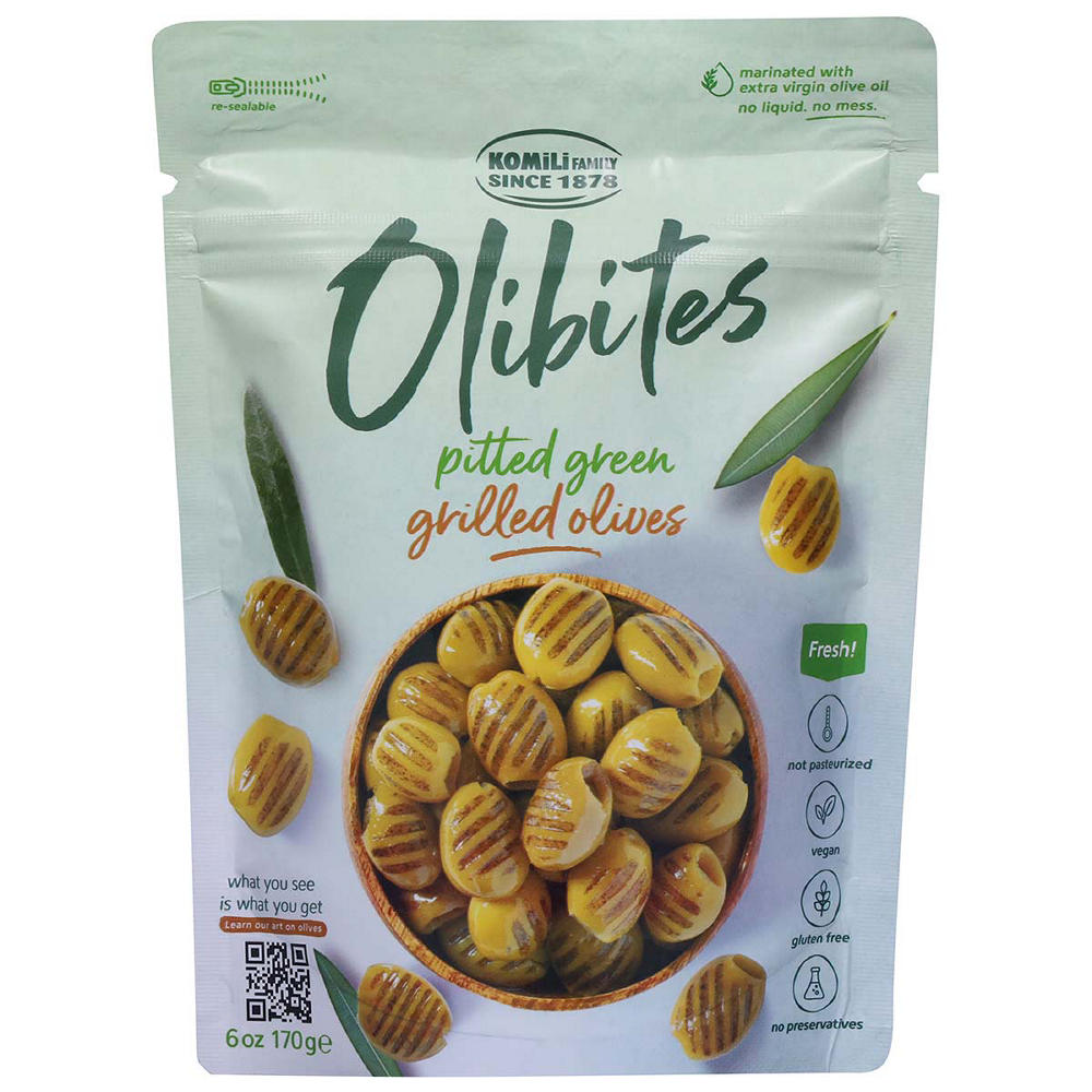 Olibites Pitted Green Grilled Olives, 6 oz