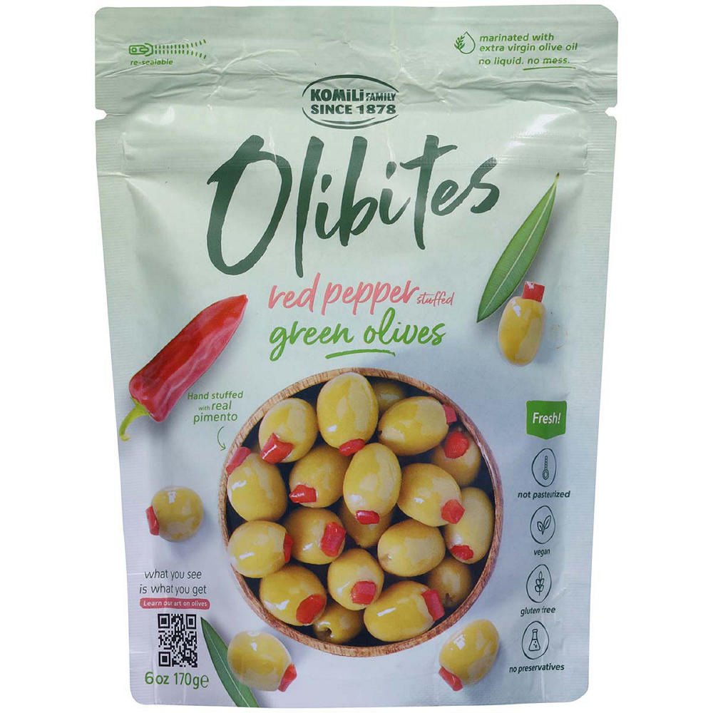 Olibites Red Pepper Stuffed Green Olives, 6 oz
