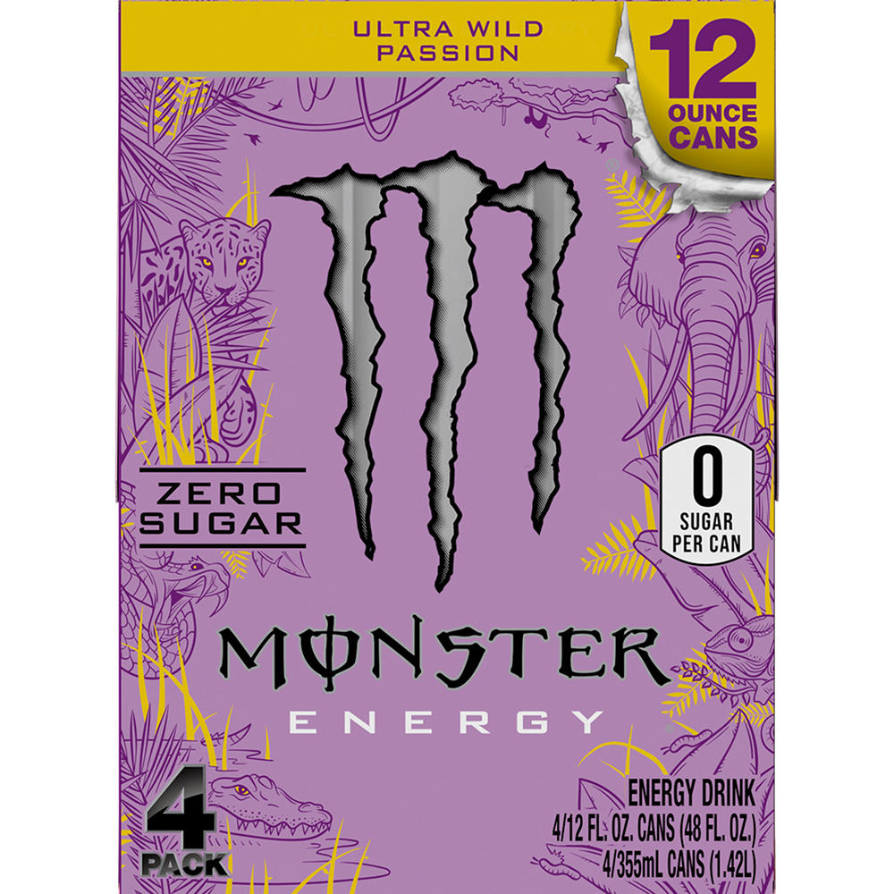 Monster Energy Zero Sugar Ultra Wild Passion Energy Drink 4 pk Cans, 12 oz