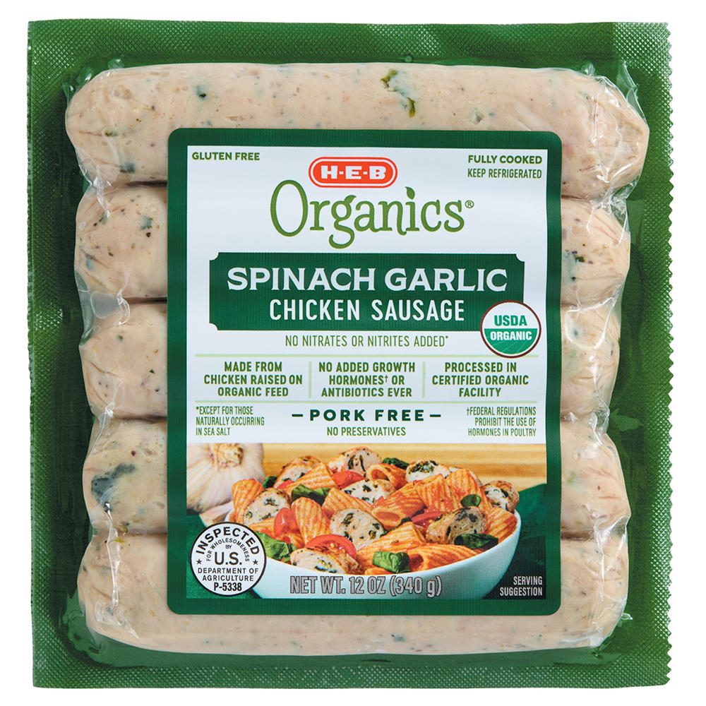 H-E-B Organics Spinach & Garlic Chicken Sausage, 12 oz