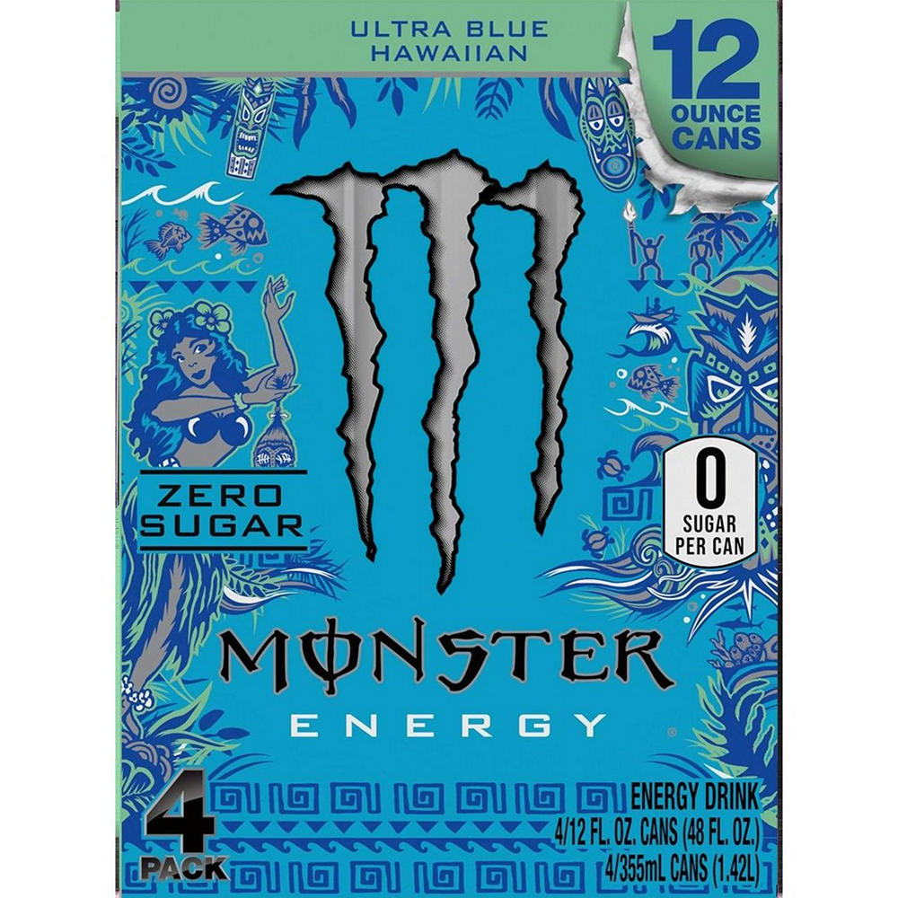 Monster Energy Zero Sugar Ultra Blue Hawaiian Energy Drink 4 pk Cans, 12 oz