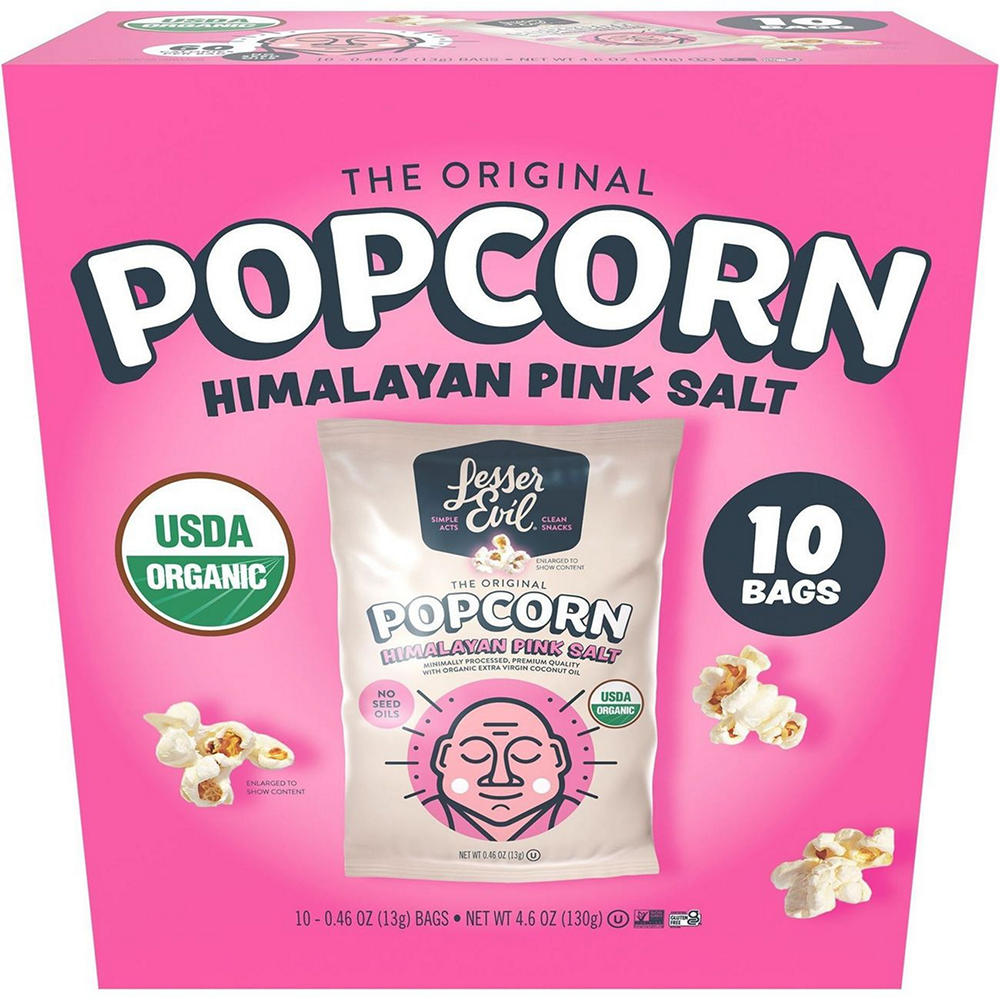 LesserEvil Himalayan Pink Salt Organic Popped Popcorn Snack Bags, 10 ct