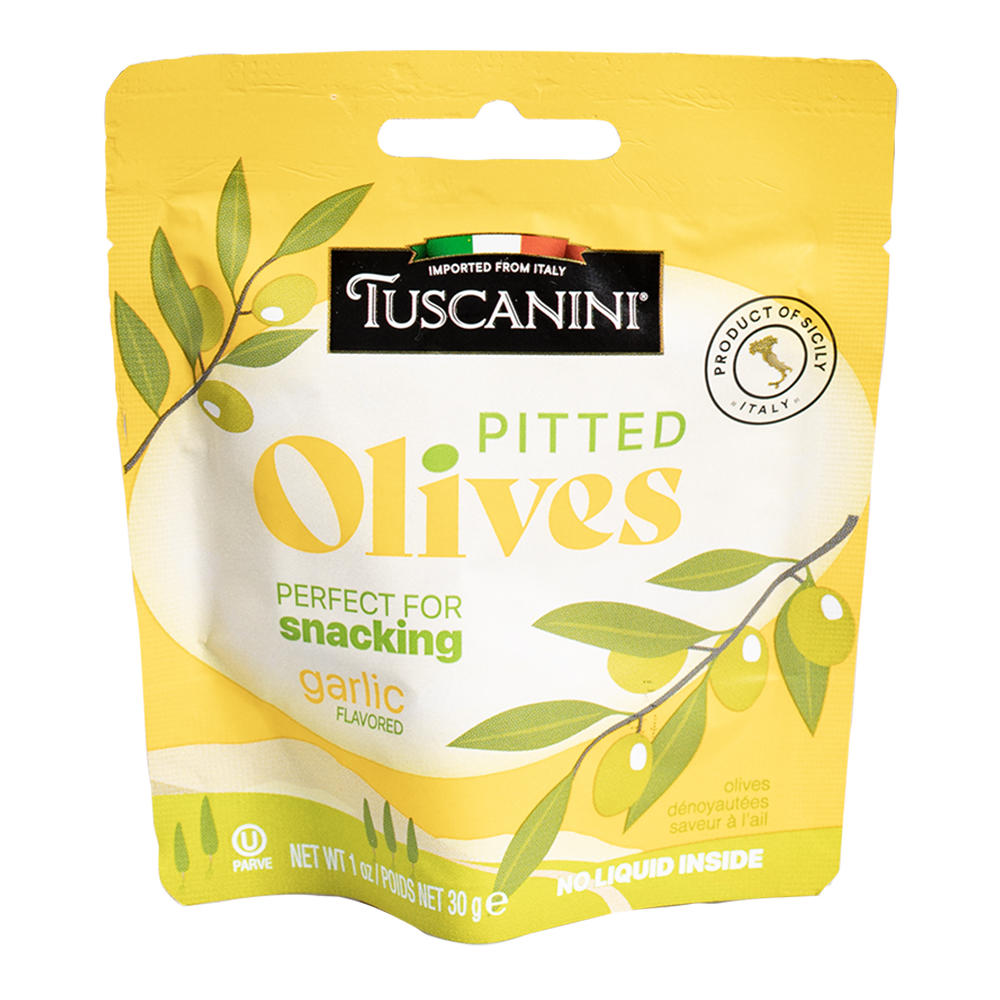 Tuscanini Kosher Garlic Pitted Olives, 1 oz