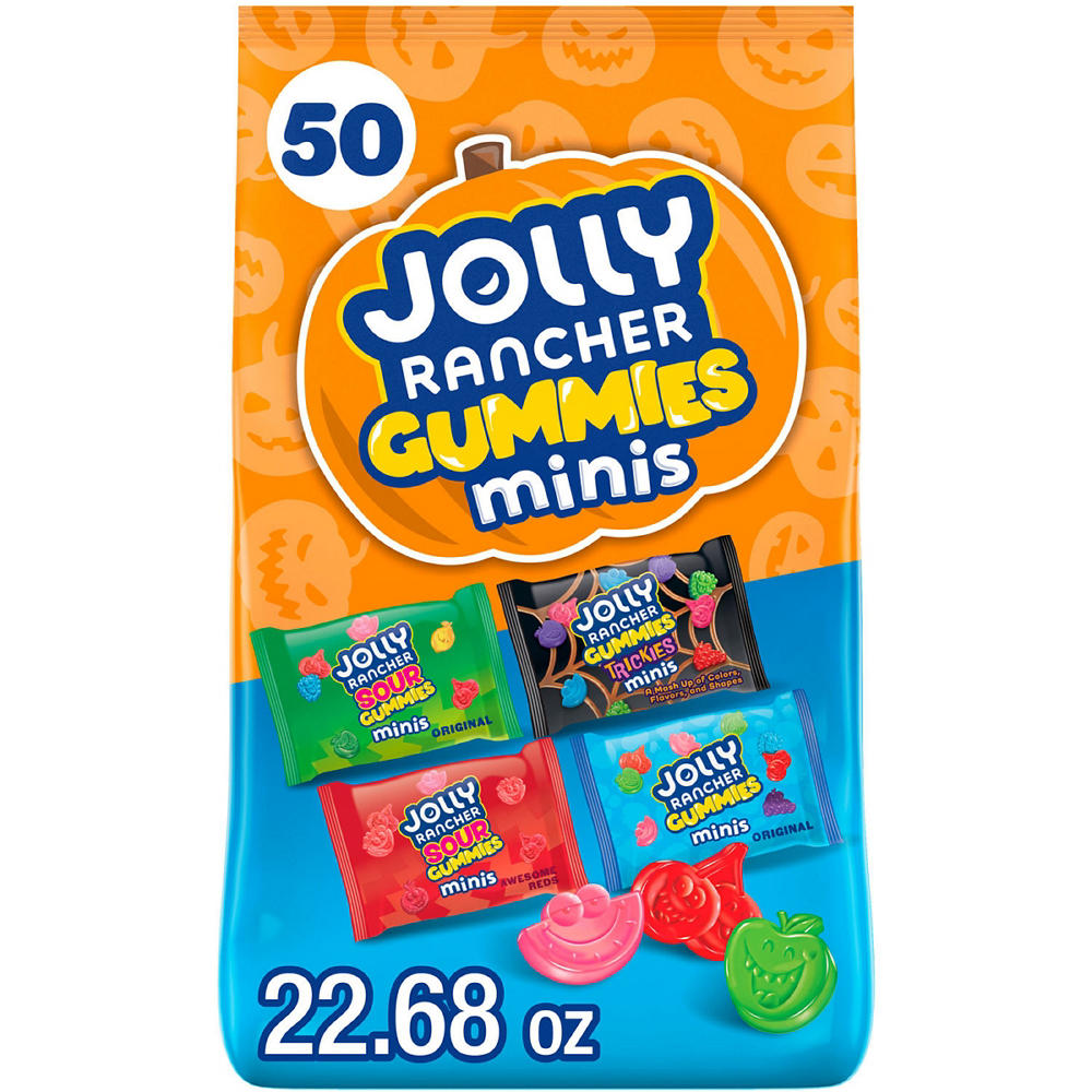 Jolly Rancher Gummies Minis Assorted Fruit Flavored Halloween Candy Bag, 50 pc
