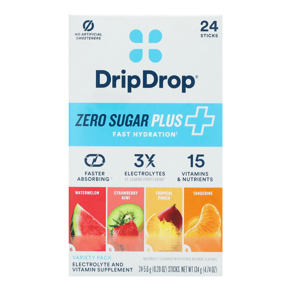 DripDrop Zero Sugar Plus Fast Hydration Electrolyte Sticks -  Variety Pack, 24 ct