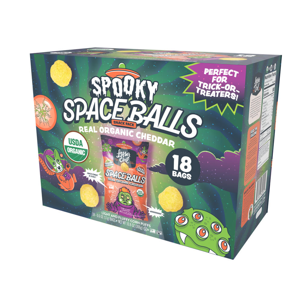 LesserEvil Spooky Space Balls Organic Cheddar Corn Puffs Snack Bags, 18 ct