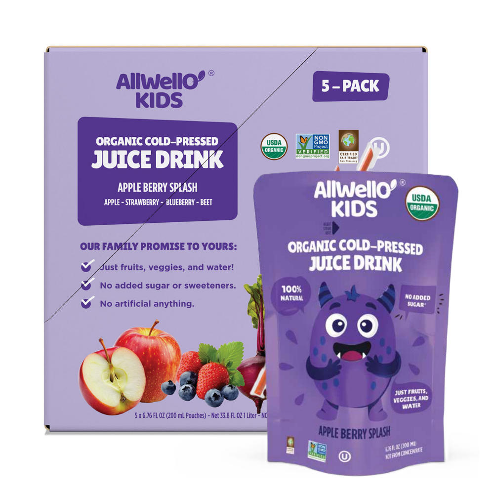 AllWellO Kids Apple Berry Splash Organic Cold-Pressed Drink Pouches, 5 pk, 6.76 oz