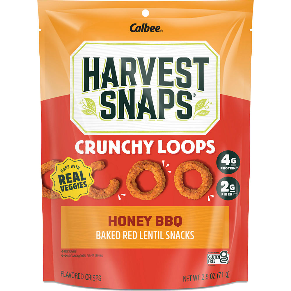 Calbee Harvest Snaps Crunchy Loops Honey BBQ Baked Red Lentil Snack Crisps, 2.5 oz