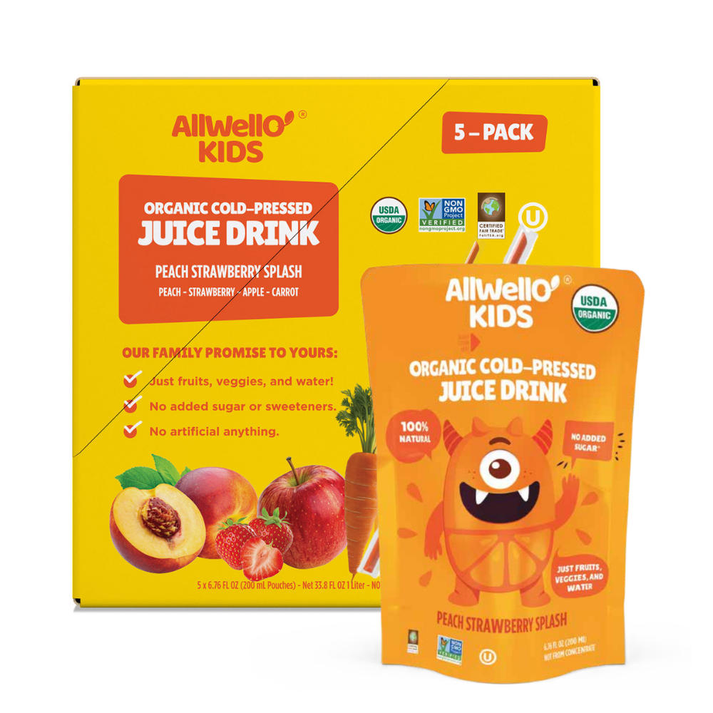AllWellO Kids Peach Strawberry Splash Organic Cold-Pressed Drink Pouches, 5 pk, 6.76 oz