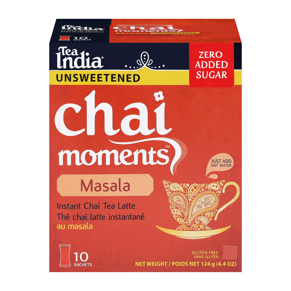 Tea India Chai Moments Unsweetened Masala Instant Chai Tea Latte Sachets, 10 ct