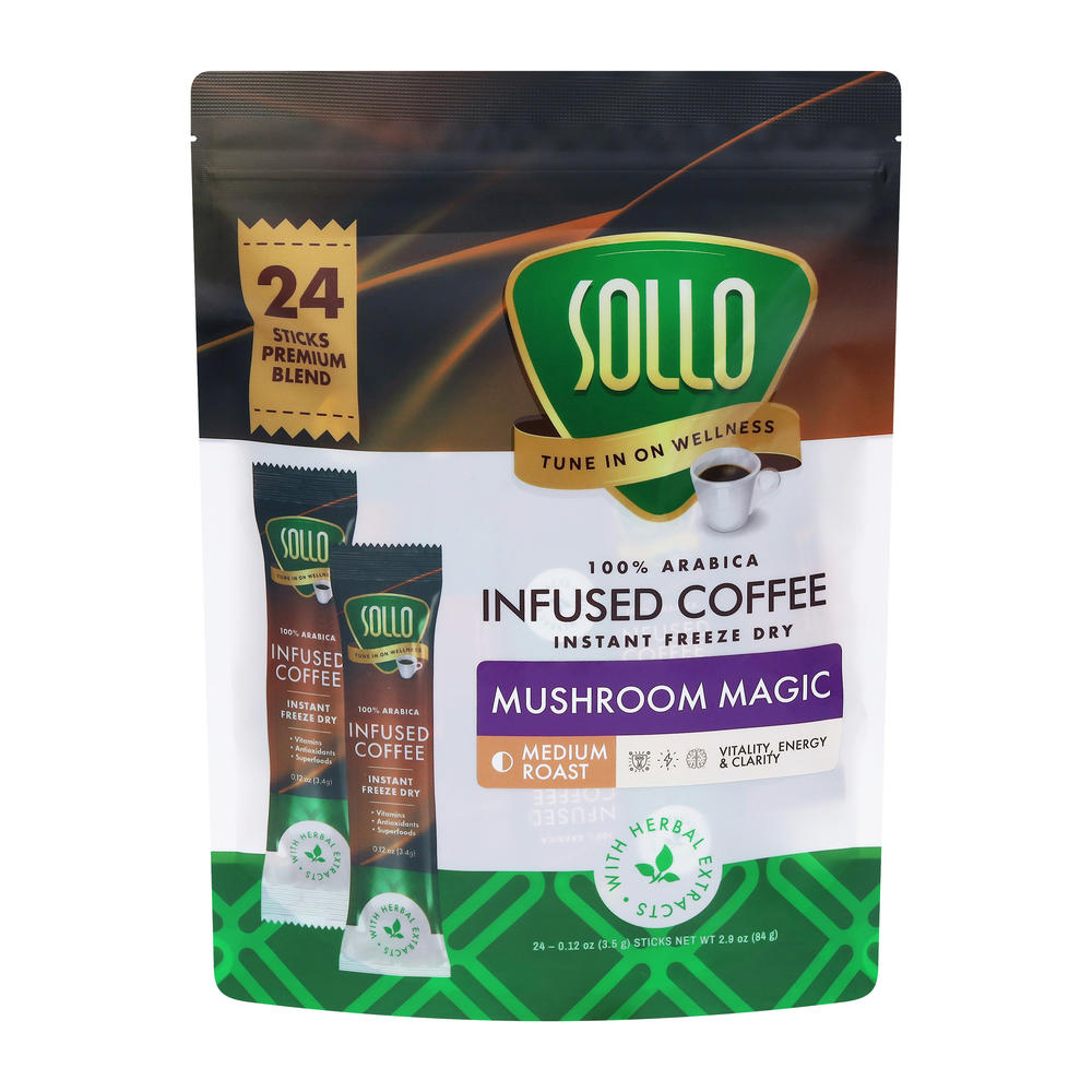 Sollo Mushroom Magic Medium Roast Infused instant Coffee Sticks, 24 ct
