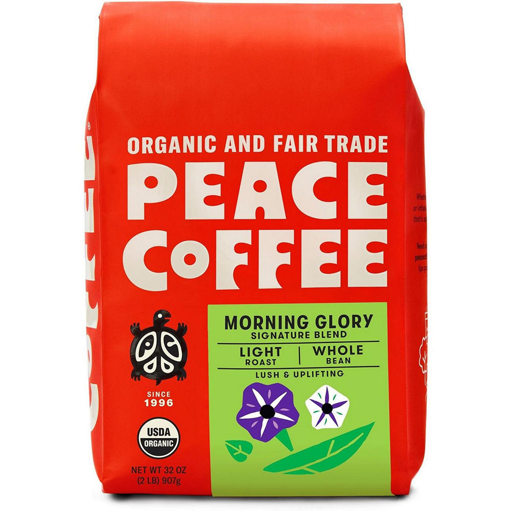 Peace Coffee Organic Morning Glory Signature Blend Light Roast Whole Bean Coffee, 32 oz