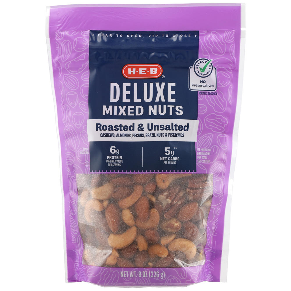 H-E-B Roasted & Unsalted Deluxe Mixed Nuts, 8 oz