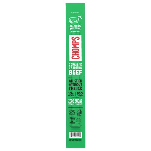 Chomps Jalapeño Beef, Grass-Fed & Finished, Single Protein Snack Stick | Grass-Fed And Finished Jalapeño Beef Jerky Snack Stick, Gluten-Free Meat Stick, Paleo Snack, Keto, Whole30, Non-GMO