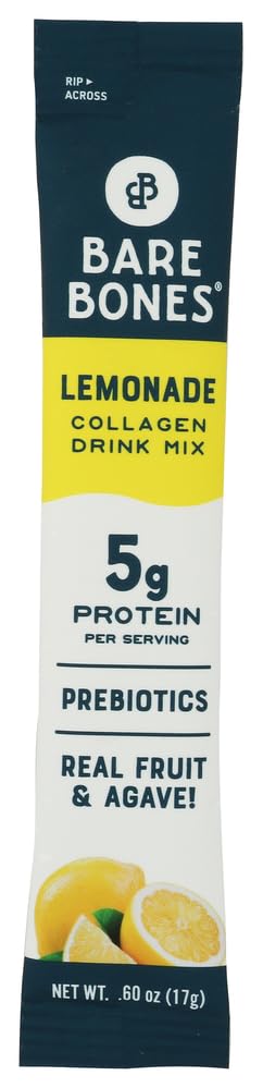 Bare Bones Lemonade Collagen Drink Mix SGL, 0.6 OZ | 5g Protein | Naturally Sweetened Refreshment | Light & Flavorful | Gluten-Free On-the-Go Stick Single-Serve