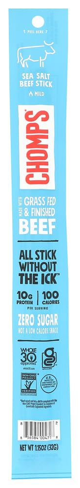 Chomps Sea Salt Beef, Grass-Fed & Finished, Single Protein Snack Stick | Beef Jerky Bulk, Zero Sugar, Certified Gluten Free Snack, 100 Calories Per 1.15 Oz Stick, Keto Snacks, Whole30 Diet