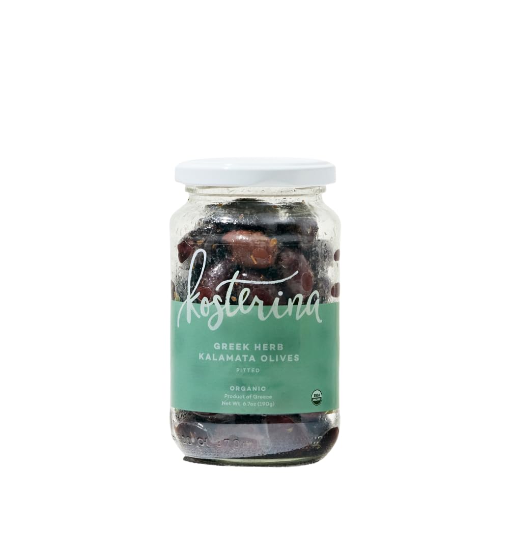 Kosterina Organic Greek Herb Kalamata Olives, Pitted & Dry-Packed (6.7 oz) | Great for Salads, Garnishing Cocktails and Snacking Straight from The Jar
