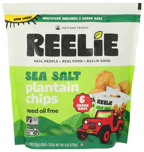 Reelie Plantain Chips, Sea Salt, 6 Individual 1 oz Bags for Lunchboxes | 6-Pack in 1 Box Plantain Chips Individual Bags for Lunchboxes & Travel – Non-GMO, Glyphosate Residue Free, Seed Oil Free