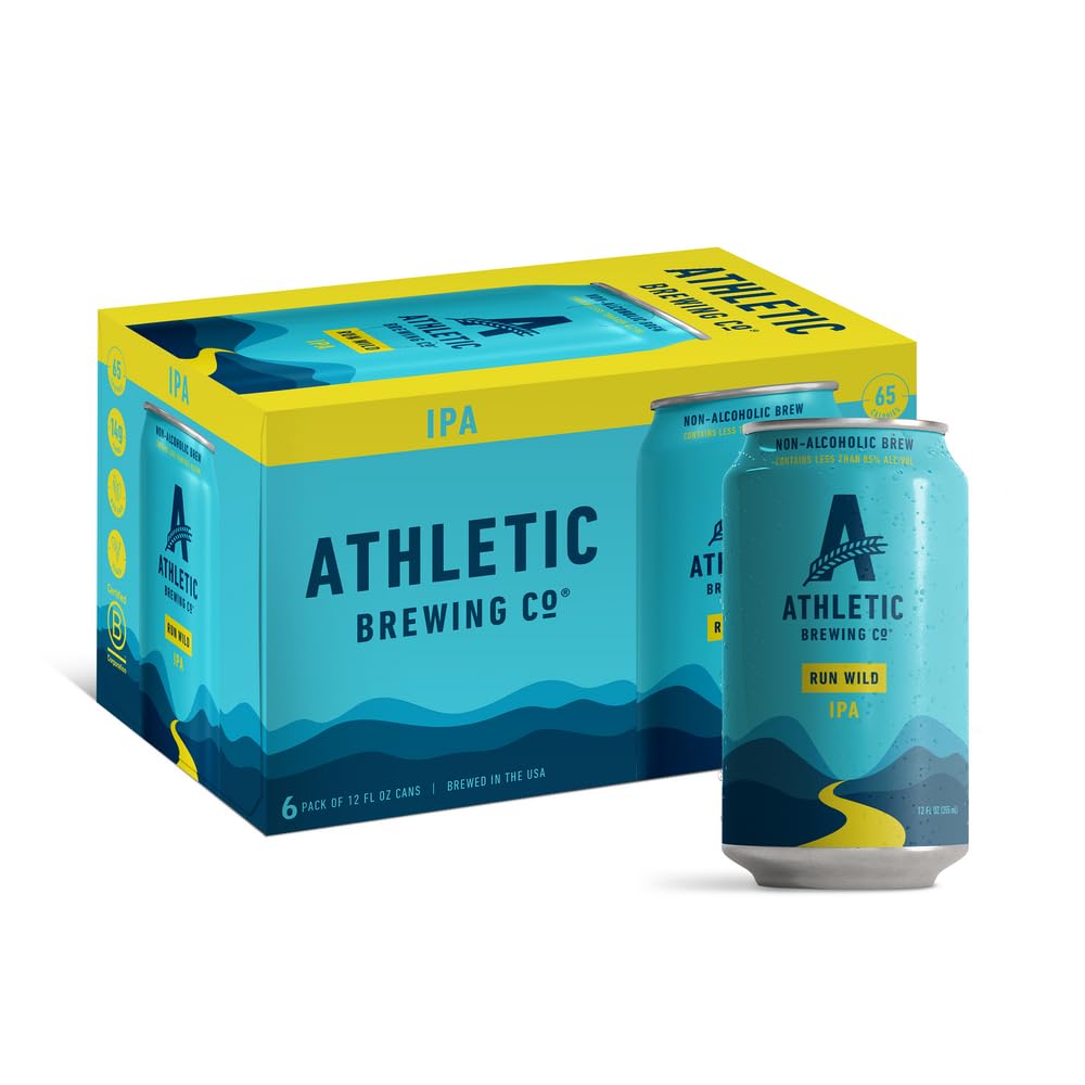 Athletic Brewing Company Craft Non Alcoholic Beer, IPA, Pair With Pizza, Burgers, or Tacos, Vegan Hops & Malt Blend With Citrus & Pine Notes, Low Calorie, Run Wild, 6 Pack, 12 FL Oz Cans