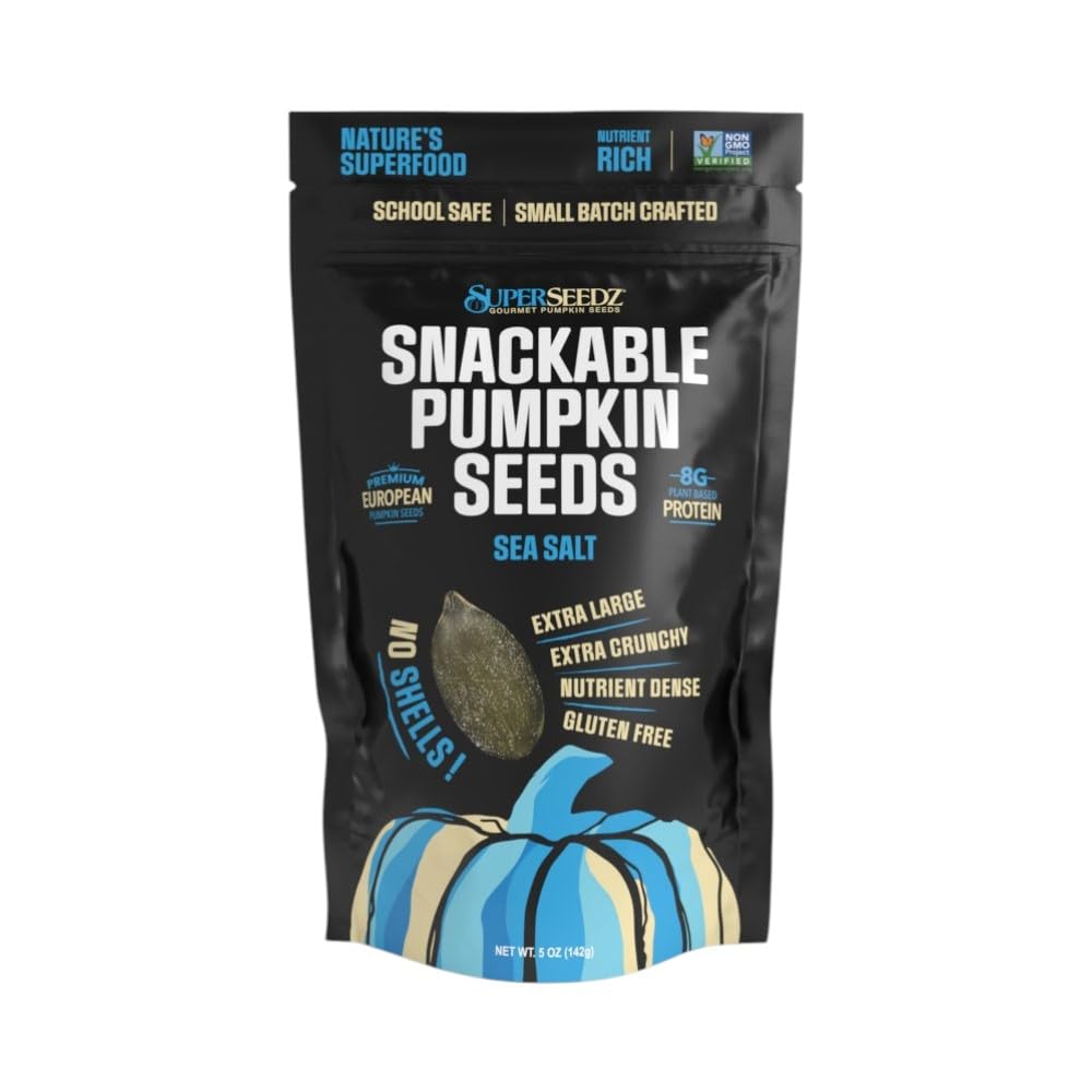 SuperSeedz Dry Roasted Pumpkin Seeds with Sea Salt w/8g Protein (5oz Bag) | Nn-GMO, Gluten-Free, Keto Snacks – Nut-Free & School Friendly Pumpkin Seeds – Large European No Shell Pepitas