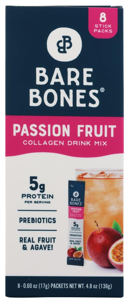 Bare Bones Passion Fruit Collagen Drink Mix 8ct, 0.6 OZ Pack of 8 | 5g Protein | Naturally Sweetened Refreshment | Light & Flavorful | Gluten-Free On-the-Go Stick Single-Serve