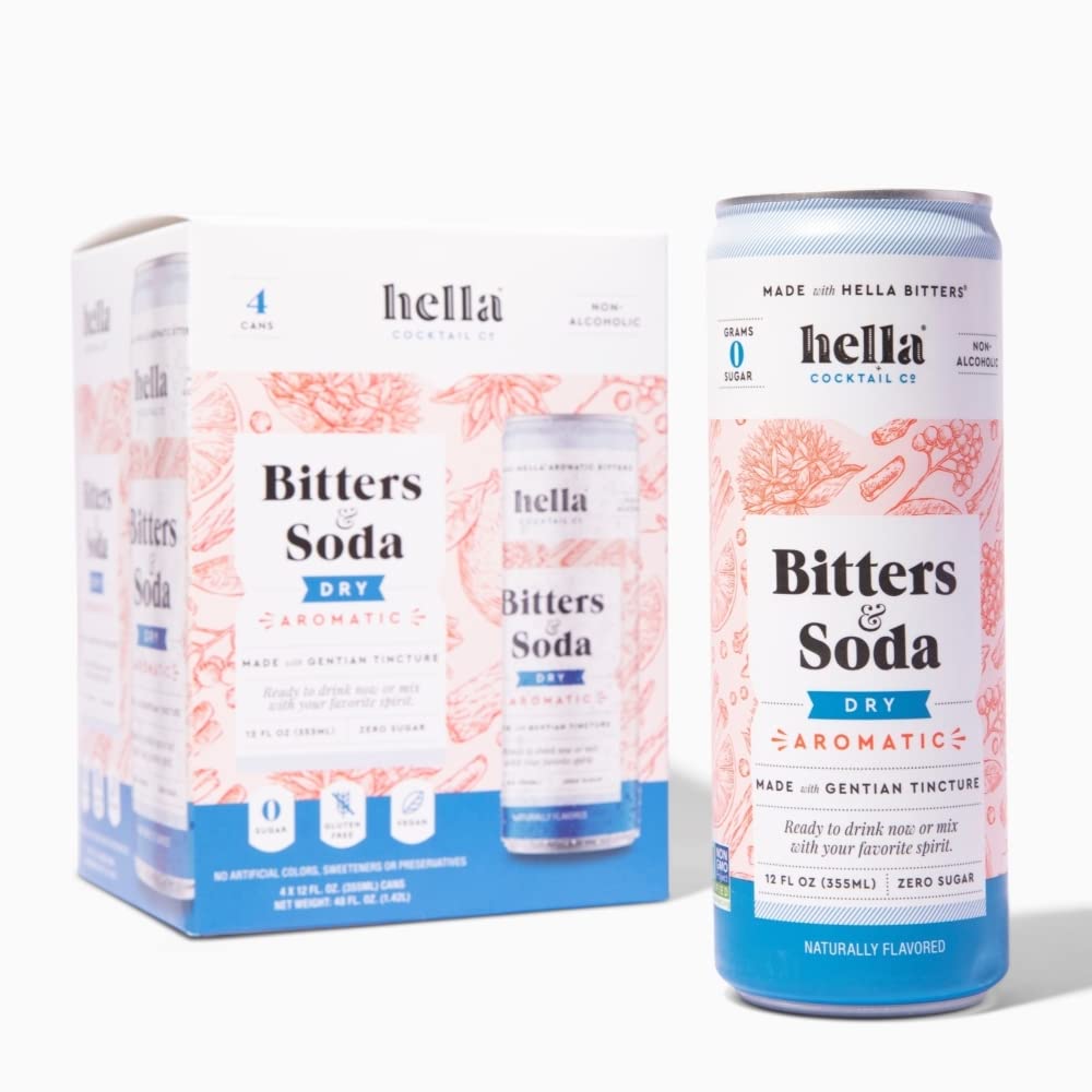 Hella Cocktail Co. Classic Dry Aromatic Bitters & Soda - 12oz Cans (Pack of 4) - Ready to Drink or Use as Cocktail Mixer - Zero Sugar, All Natural Ingredients, Made with Gentian Tincture