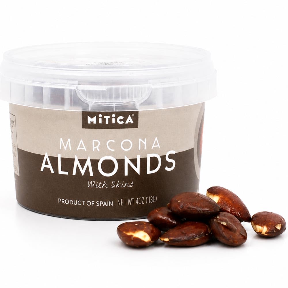 Mitica Marcona Almonds with Skins | Fried in Extra Virgin Olive Oil | Premium Spanish Gourmet Almonds | Imported from Spain | Tapas, Charcuterie & Snacking | 4 oz Tub