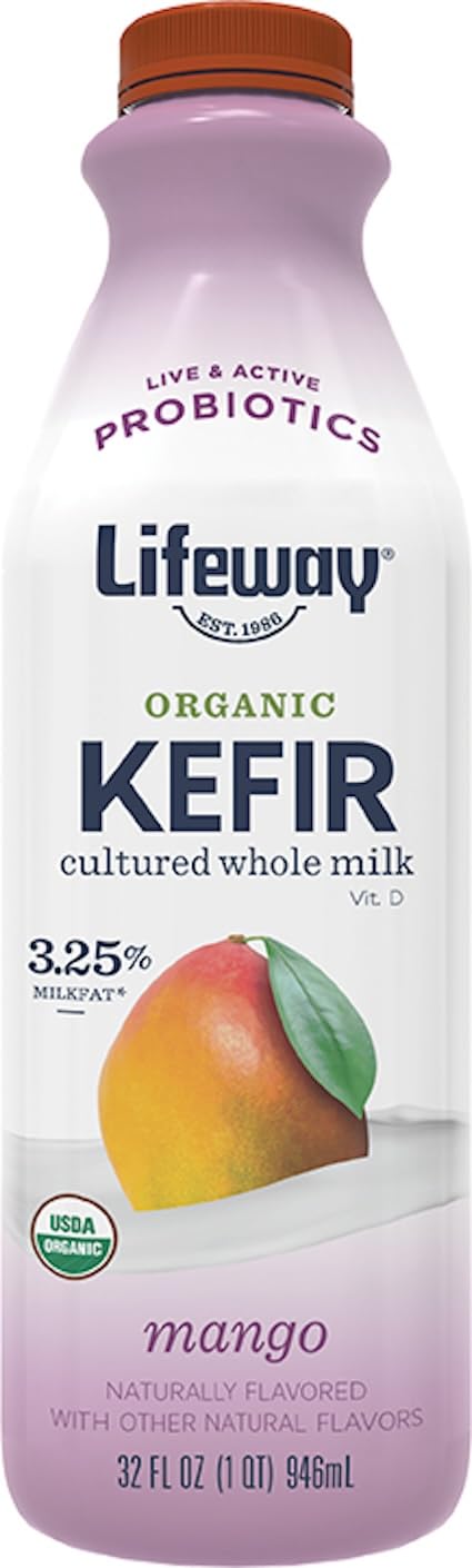 Lifeway Organic Whole Milk Kefir - 10g Protein, 12 Live Active Probiotic Cultures, Up to 99% Lactose Free, Gluten Free – Mango, 32 oz